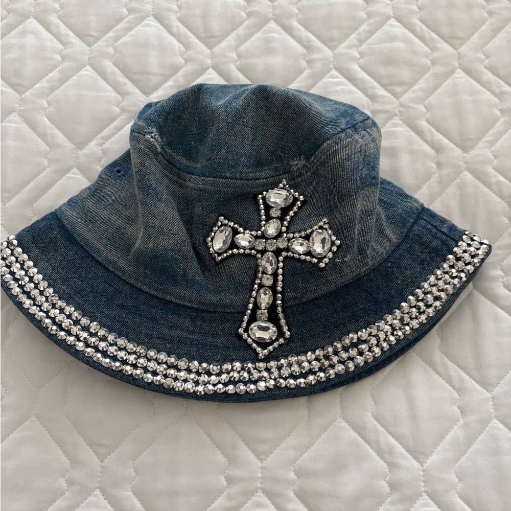 Blue Denim Bucket Hat with Silver Cross and Rhinestones